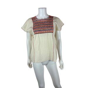 Vintage 70s Mexican Blouse Womens Large Huipil Colorful Handmade Embroidered Top